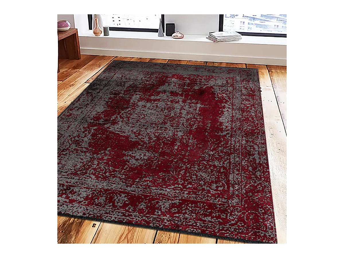 Tapis kilim 160x230 rectangle tissé en coton rouge et gris motif abstrait