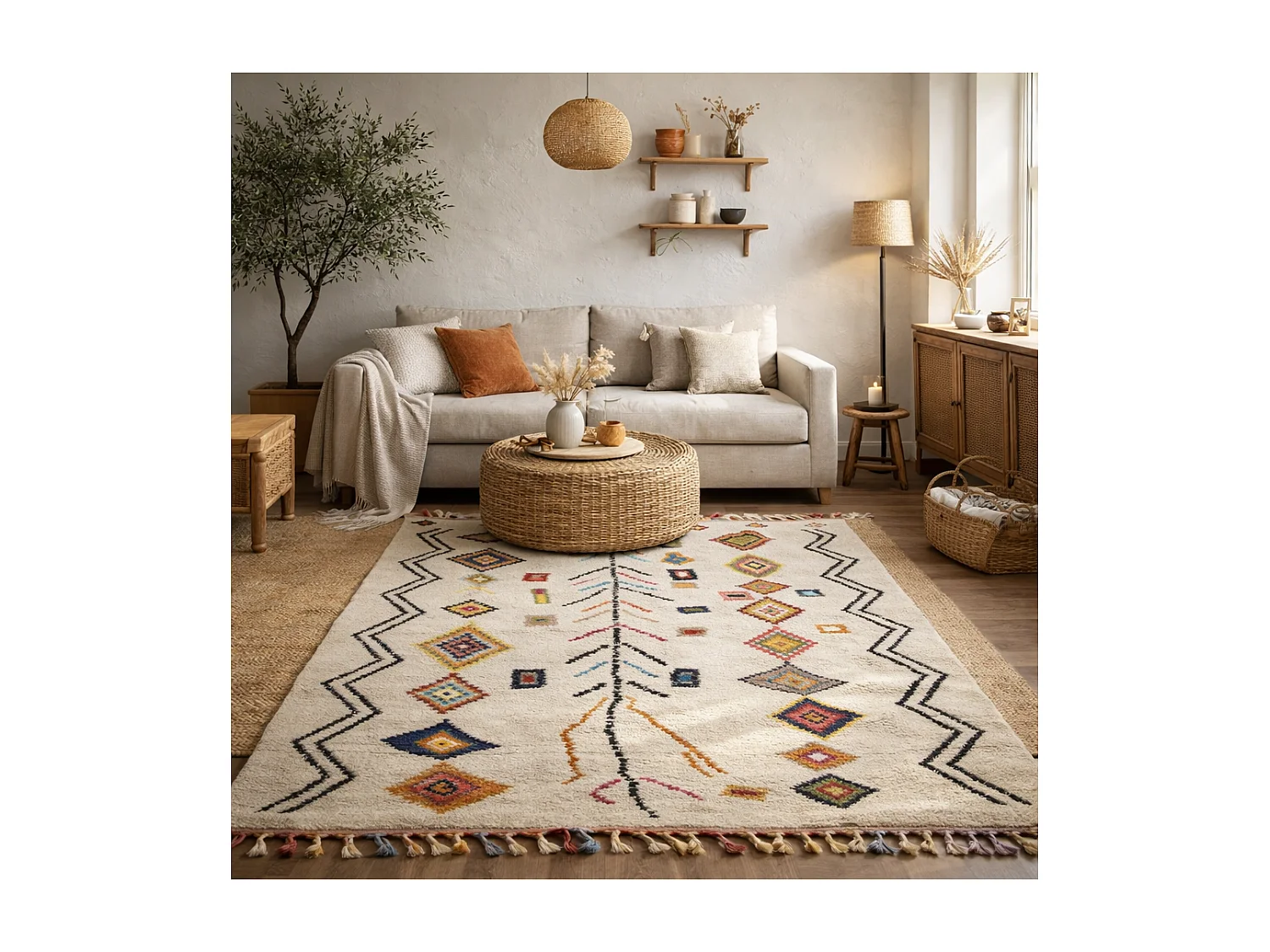 Tapis berbère 280x380 tissé motif ethnic LYN5 OURIKA E ivoire