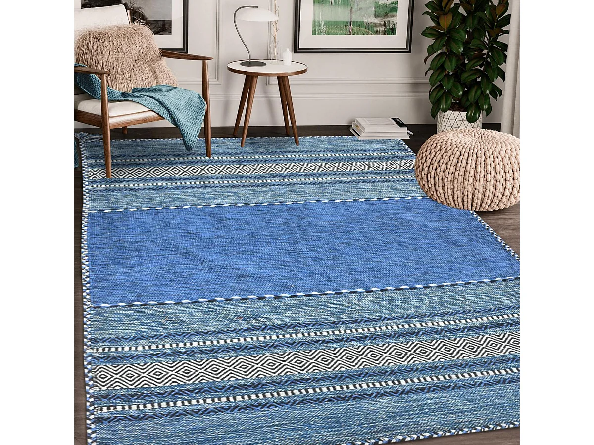 Tapis kilim 80x150 rectangle fait main en coton bleu et crème motif ethnique