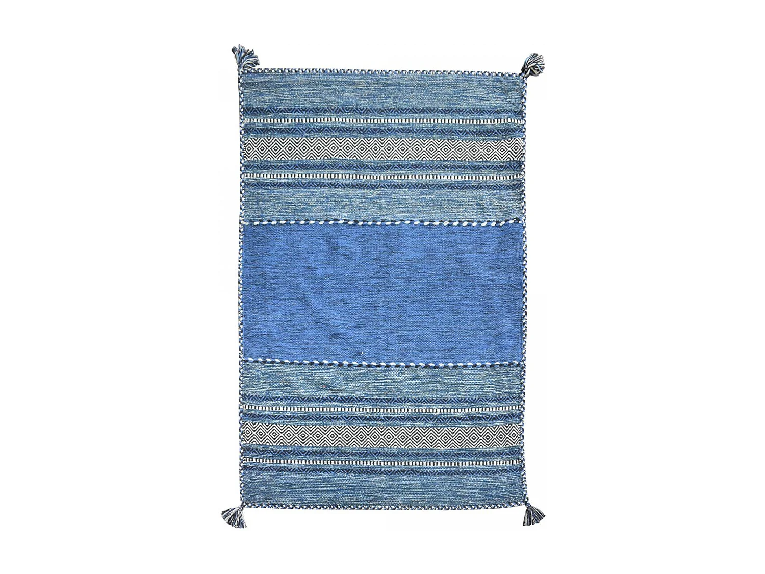 Tapis kilim 80x150 rectangle fait main en coton bleu et crème motif ethnique