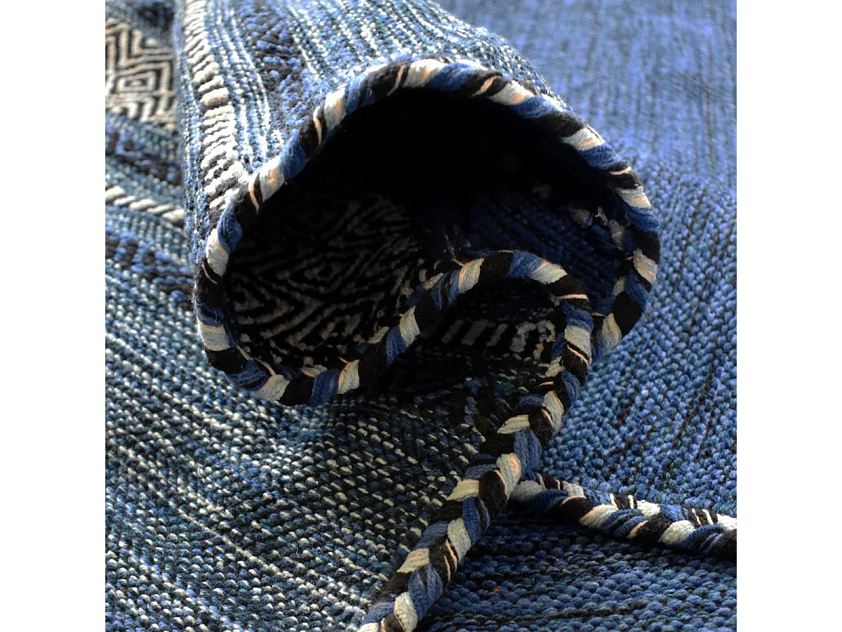 Tapis kilim 80x150 rectangle fait main en coton bleu et crème motif ethnique