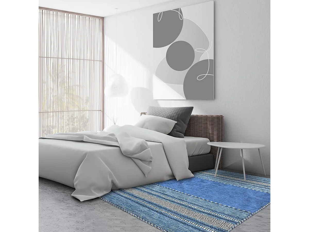 Tapis kilim 80x150 rectangle fait main en coton bleu et crème motif ethnique