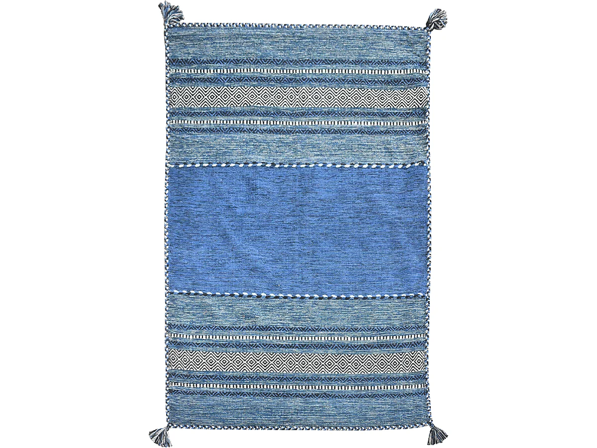 Tapis kilim 80x150 rectangle fait main en coton bleu et crème motif ethnique
