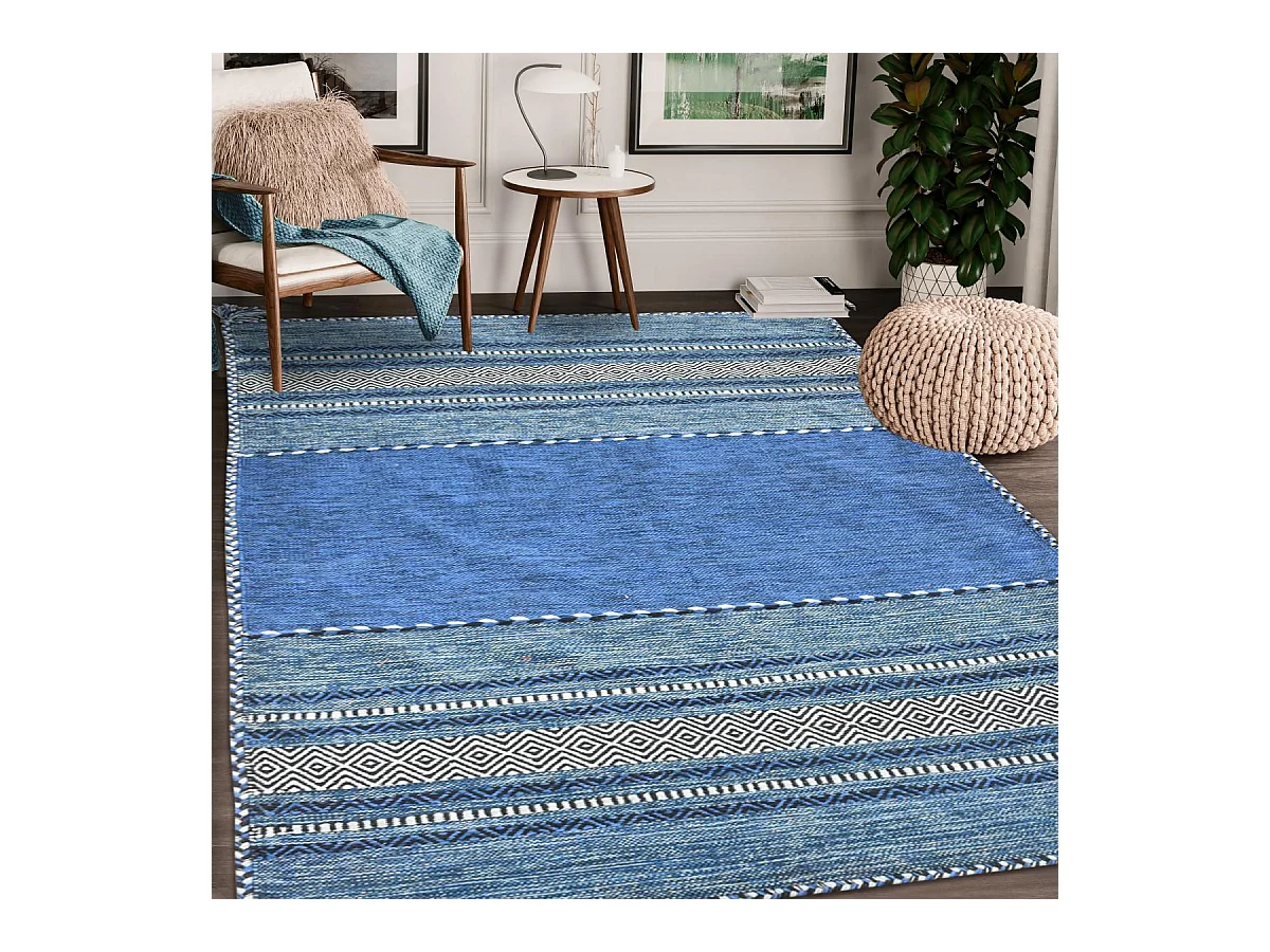 Tapis kilim 80x150 rectangle fait main en coton bleu et crème motif ethnique