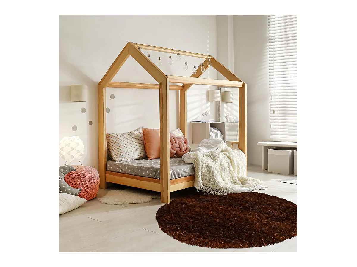 Tapis shaggy Ø140cm rond fait main marron motif uni MALAIDORY