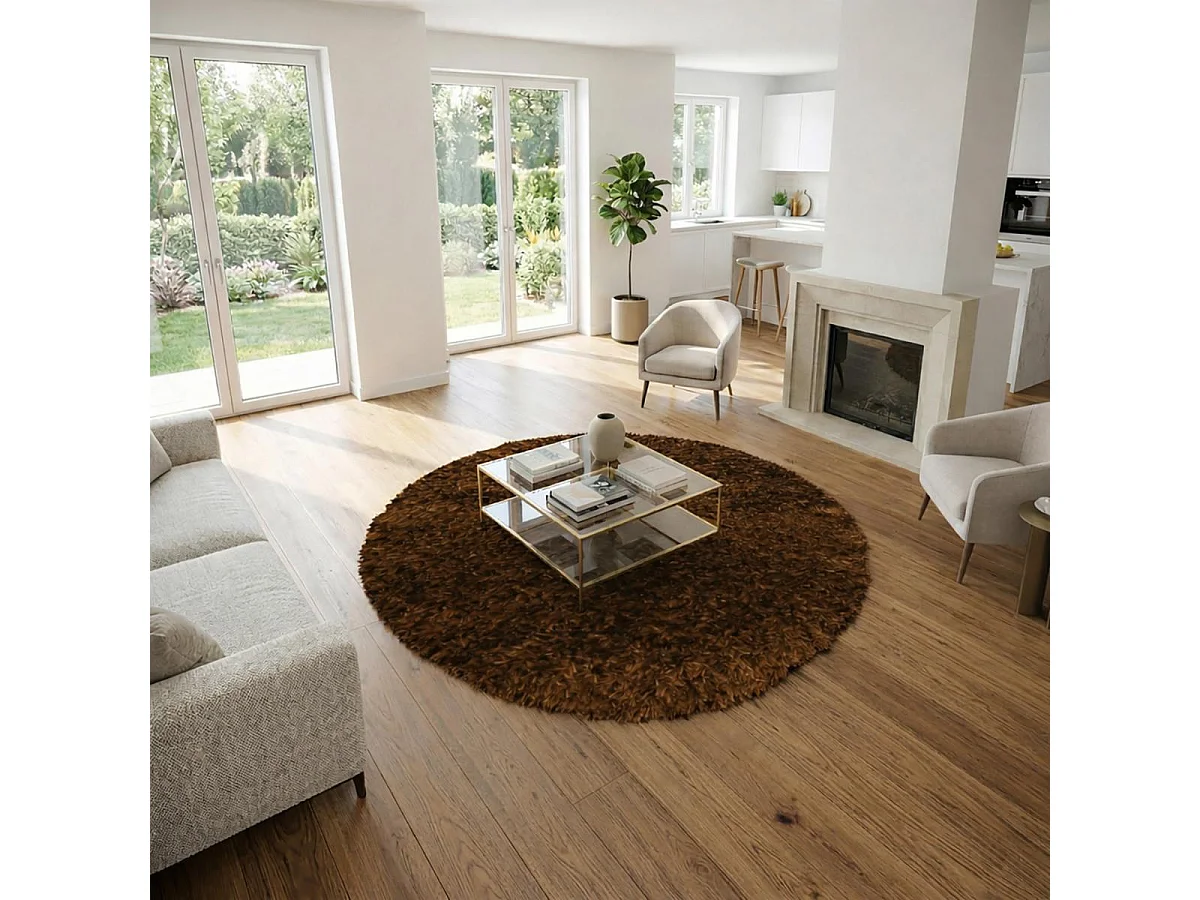 Tappeto shaggy Ø140 cm rotondo fatto a mano marrone modello tinta unita MALAIDORY