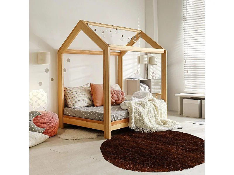 Tapis shaggy Ø140cm rond fait main marron motif uni MALAIDORY