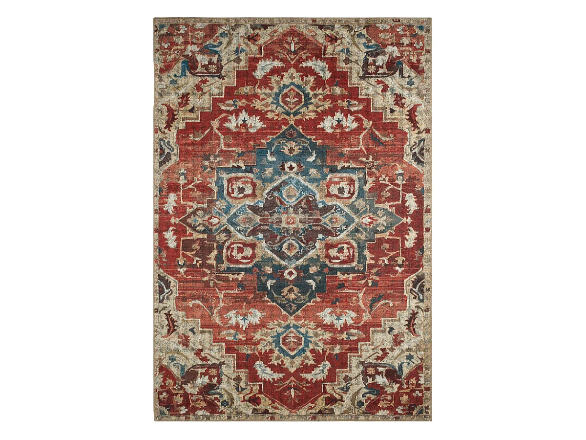 Tapis orient 80x150 rectangle rouge et beige tissé motif classique MEDA B