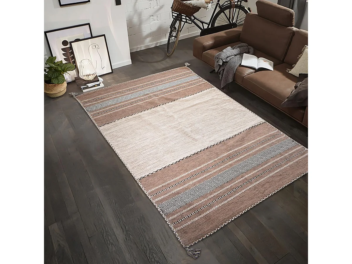 Tapis kilim 200x290 rectangle fait main en coton beige et marron