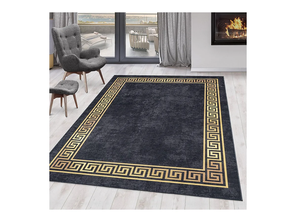 Tapis orient 140x200 rectangle noir et beige tissé motifs orientaux HUSLIA