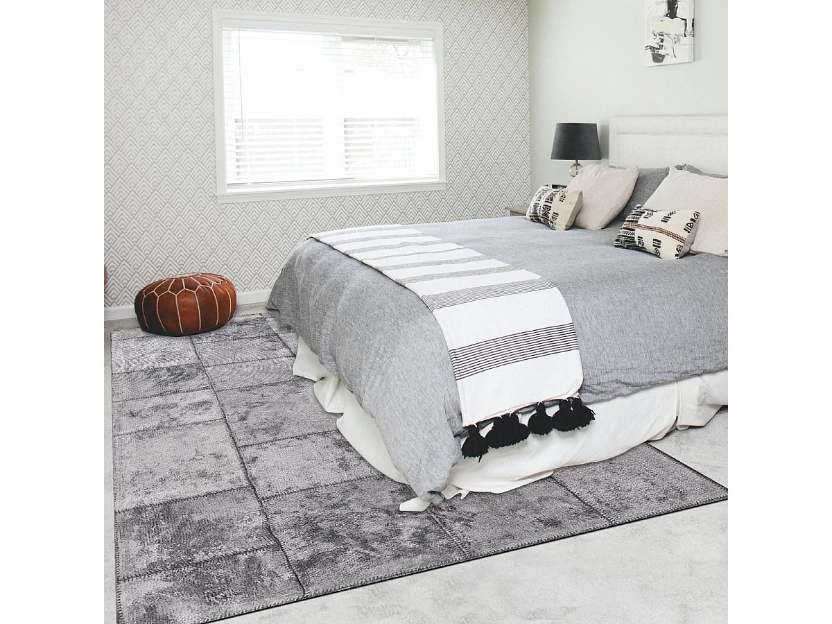 Tapis kilim 200x300 rectangle tissé en coton gris motif géométrique PATSHY