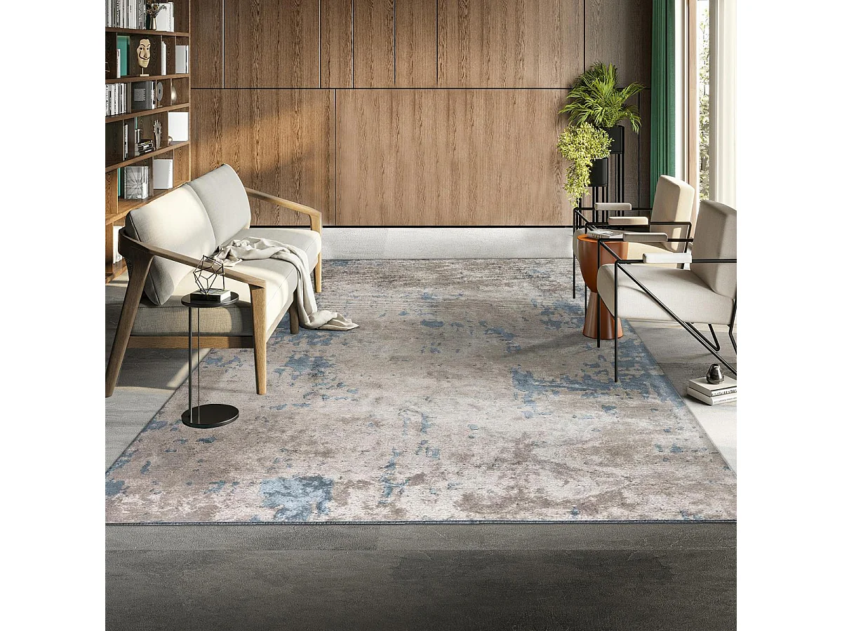 Tapis kilim 200x300 rectangle tissé en coton gris et bleu motif abstrait