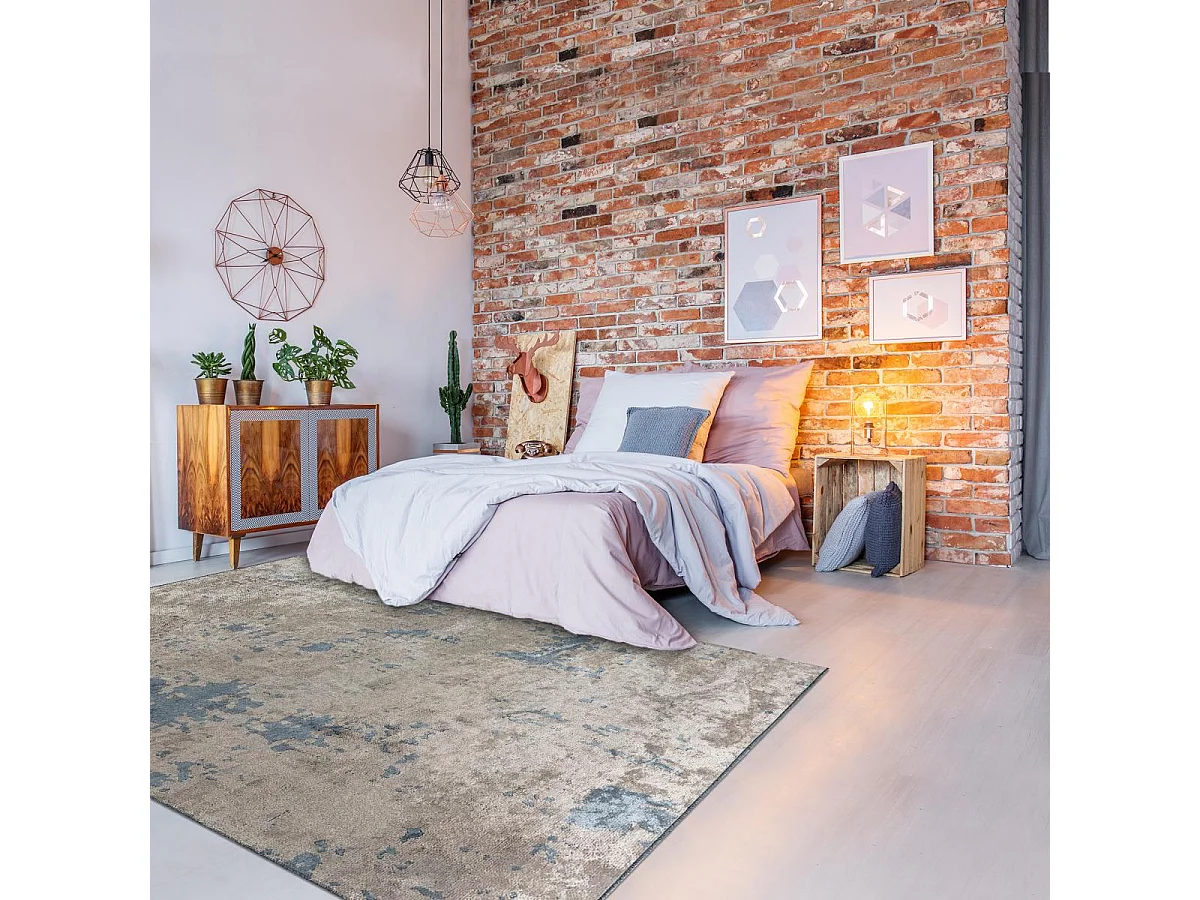 Tappeto Kilim 200x300 rettangolo intrecciato in cotone grigio e blu a fantasia astratta