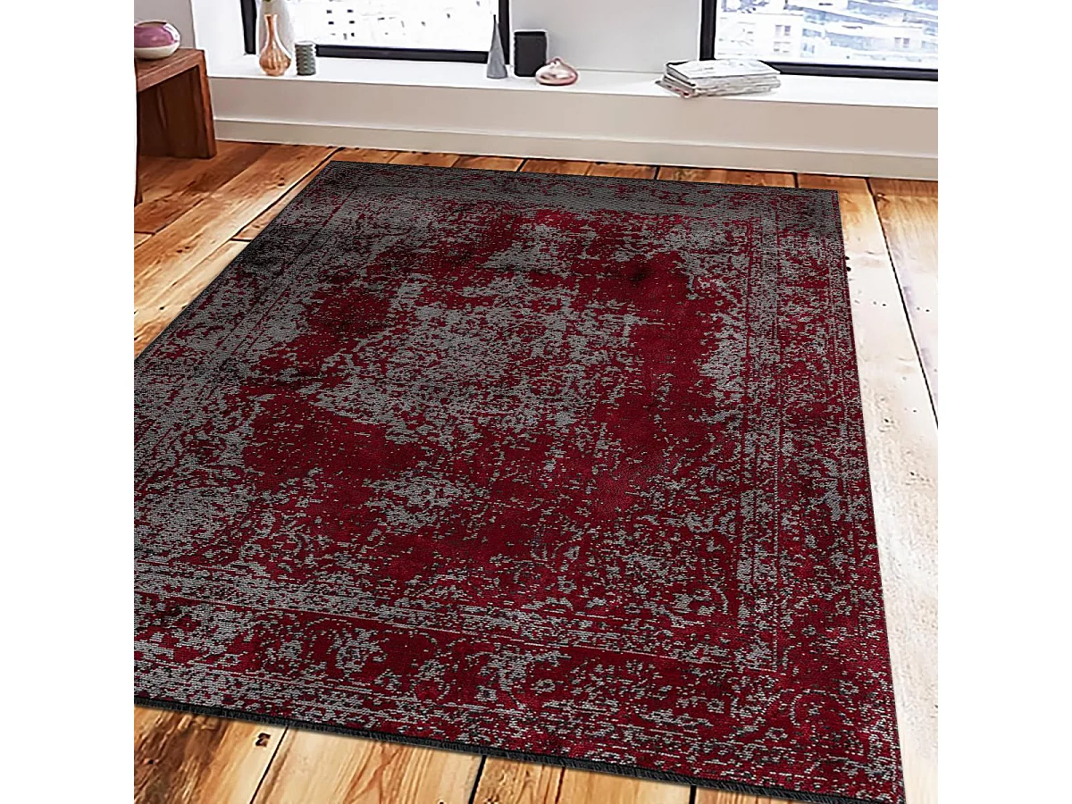 Tapis kilim 240x300 rectangle tissé en coton rouge et gris motif abstrait