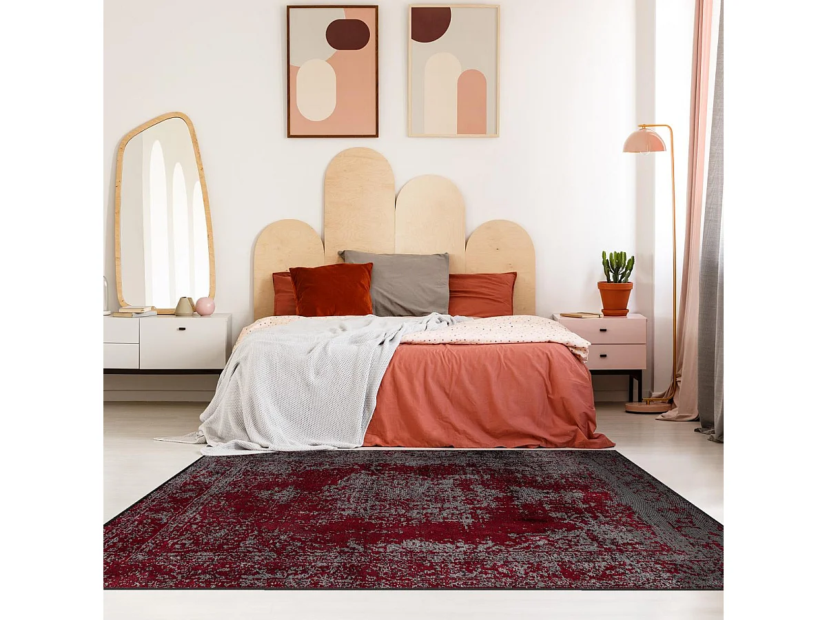 Tapis kilim 240x300 rectangle tissé en coton rouge et gris motif abstrait