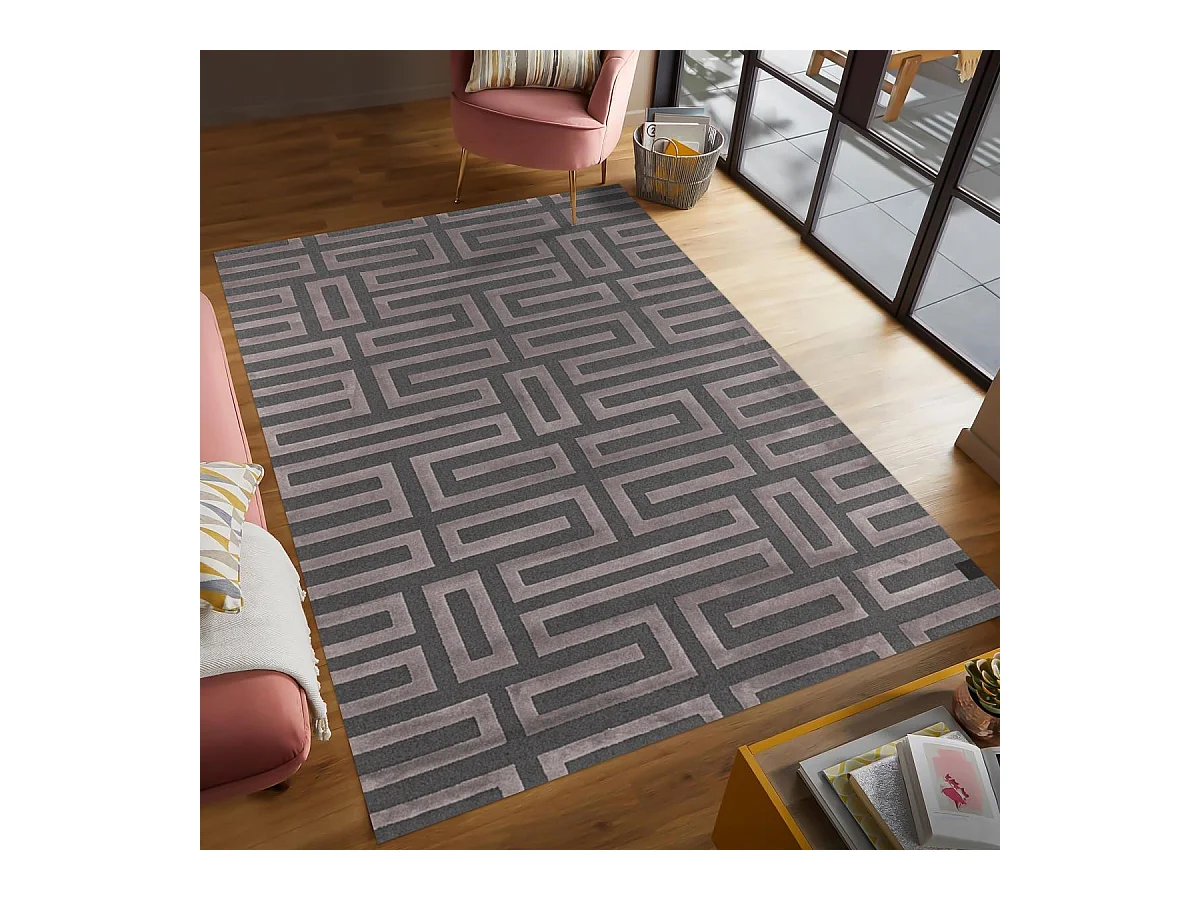 tapis salon 190x290 tissé rose et gris rectangle motif géométrique CONRAD
