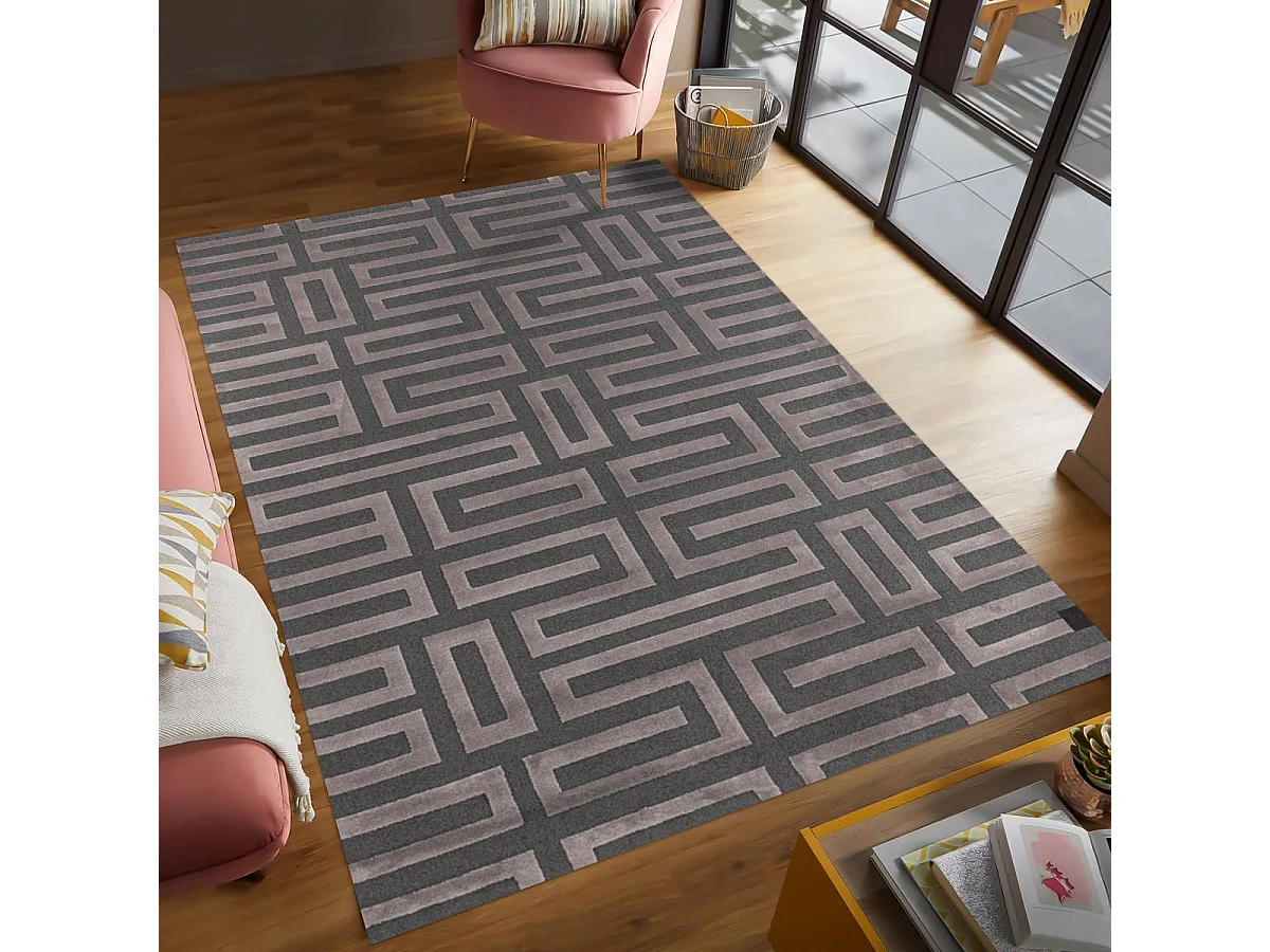 tapis salon 190x290 tissé rose et gris rectangle motif géométrique CONRAD