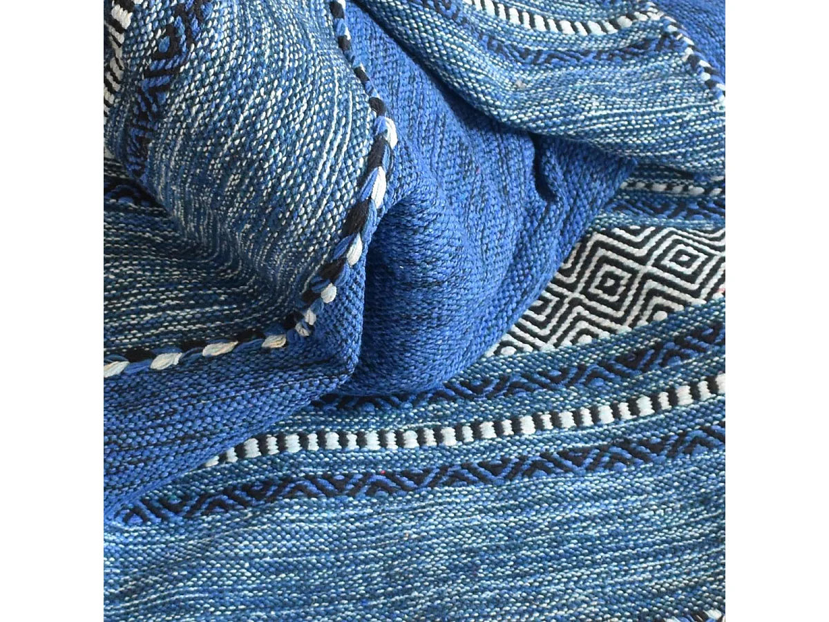 Tapis kilim 200x290 rectangle fait main en coton bleu et crème motif ethnique