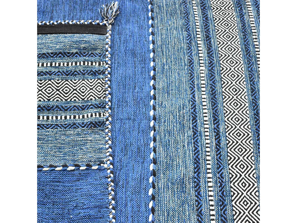 Tapis kilim 200x290 rectangle fait main en coton bleu et crème motif ethnique