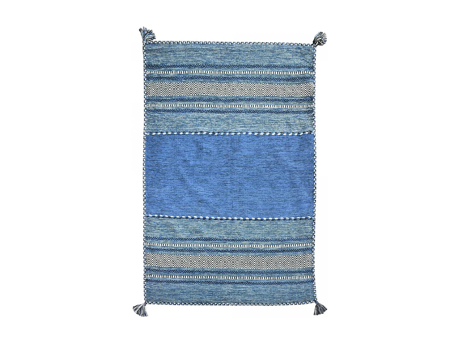 Tapis kilim 200x290 rectangle fait main en coton bleu et crème motif ethnique