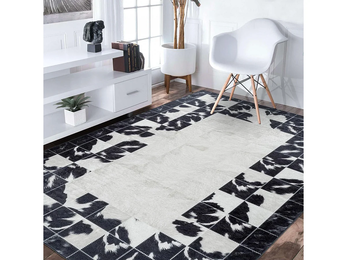 tappeto per sala da pranzo 160x230 tessuto nero e crema con motivo ad affresco rettangolare NOATAK