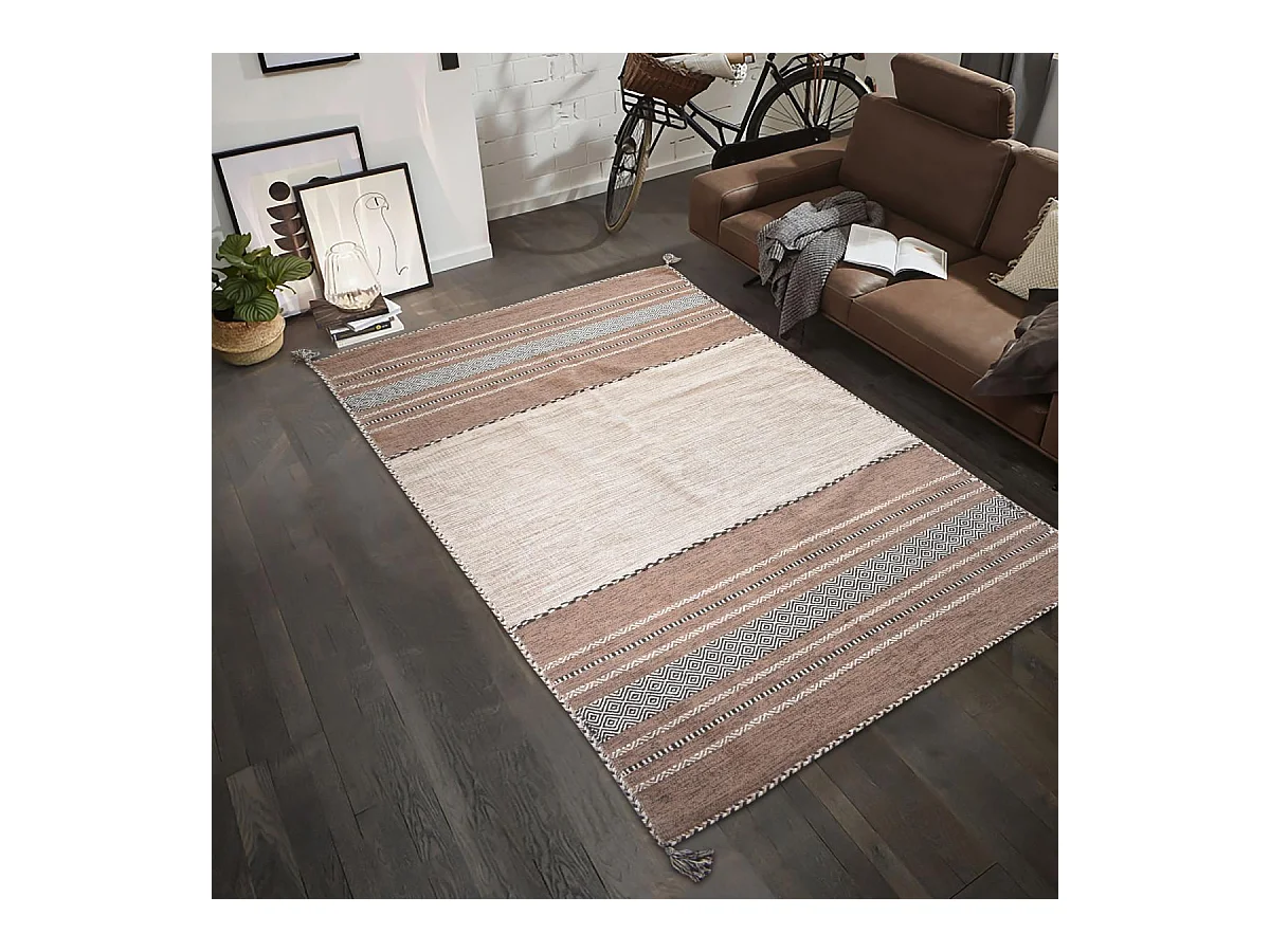 Tapis kilim 80x150 rectangle fait main en coton beige et marron