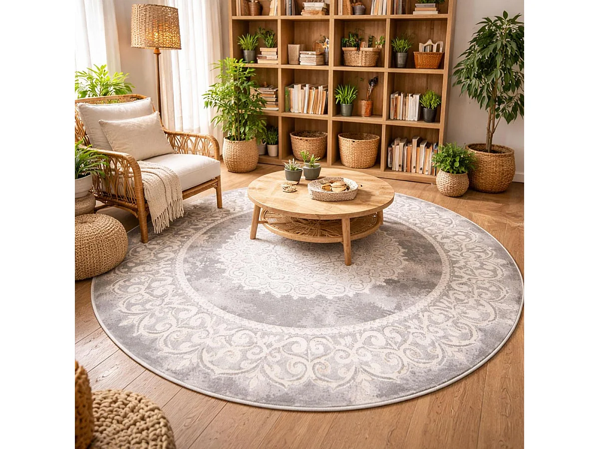 Tapis oriental Ø140cm rond gris clair tissé motif ancestral LYN7 BALROD