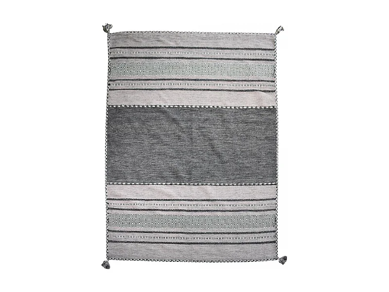 Tapis kilim 200x290 rectangle fait main en coton gris et noir motif ethnique