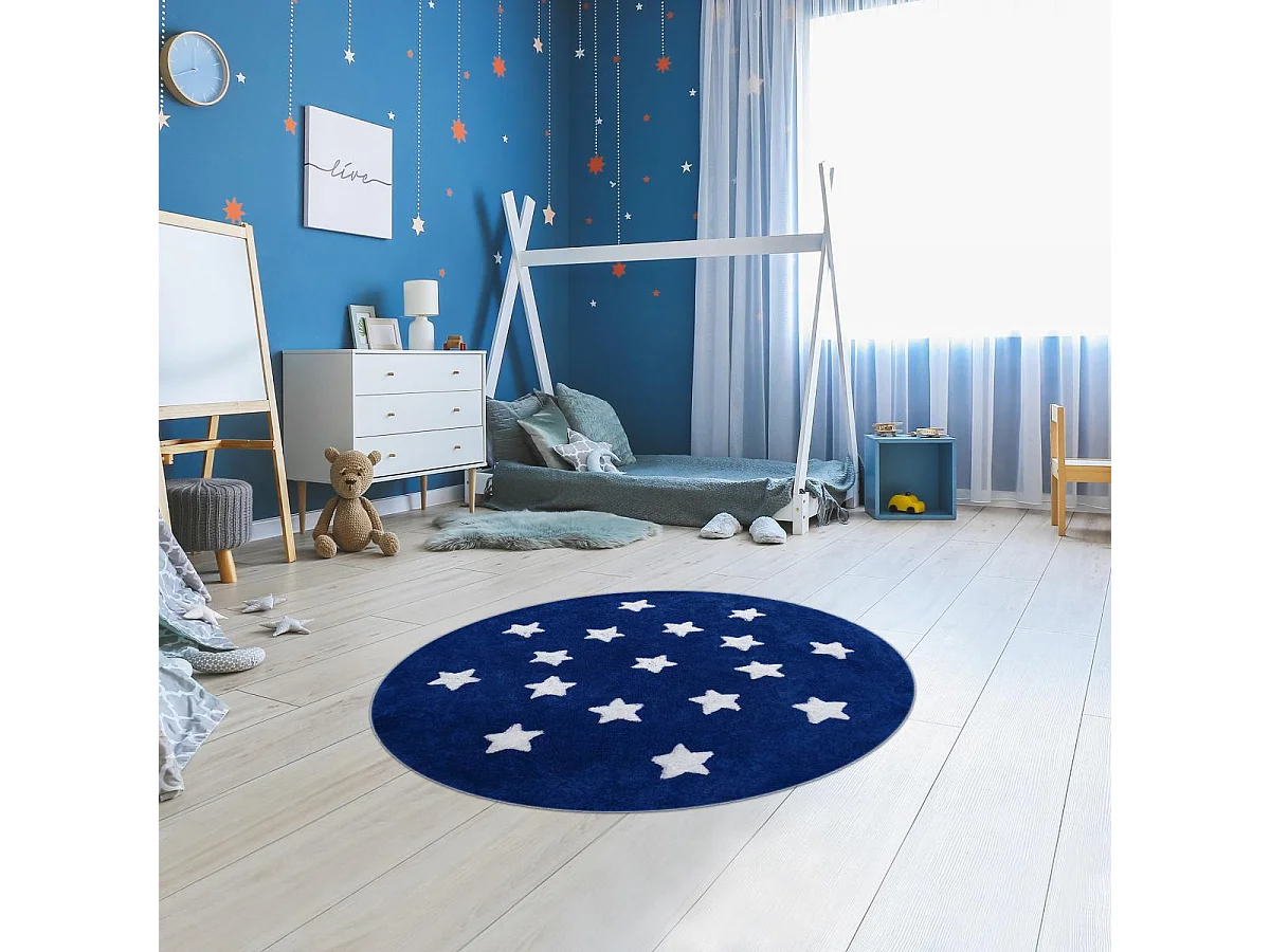 Tapis rond Ø140cm fait à la main en coton motif enfant pour chambre ETOILE R