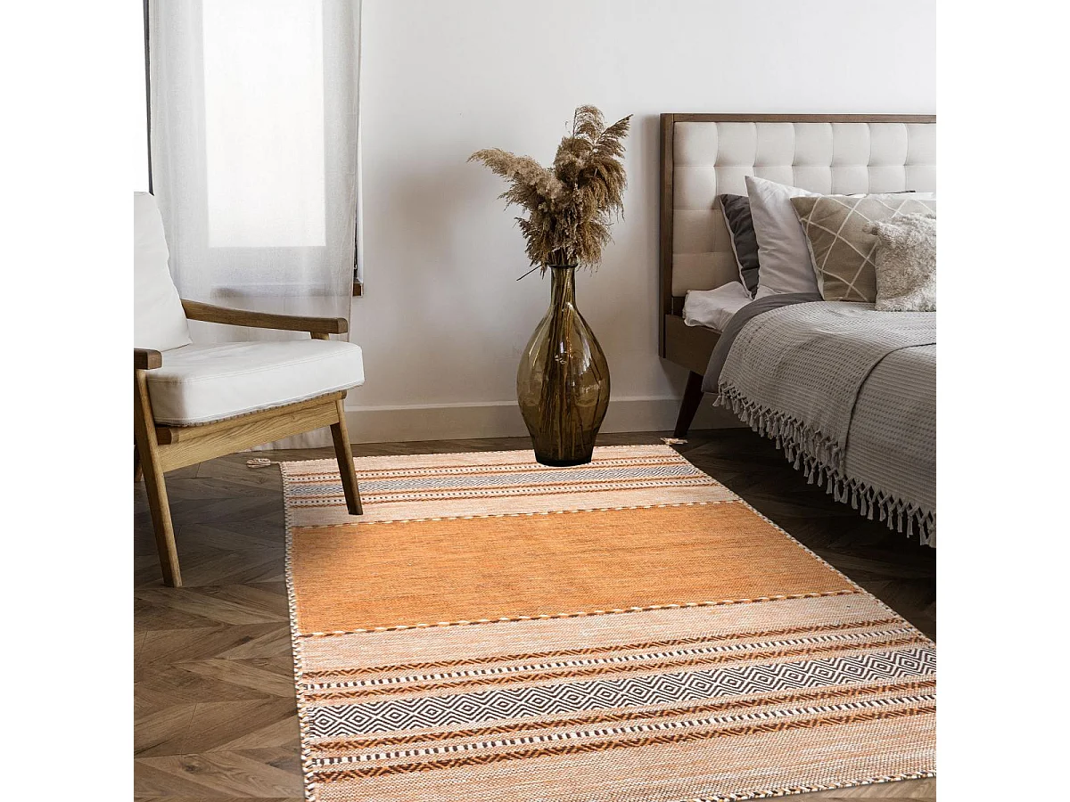 Tapis kilim 80x150 rectangle fait main en coton marron et beige