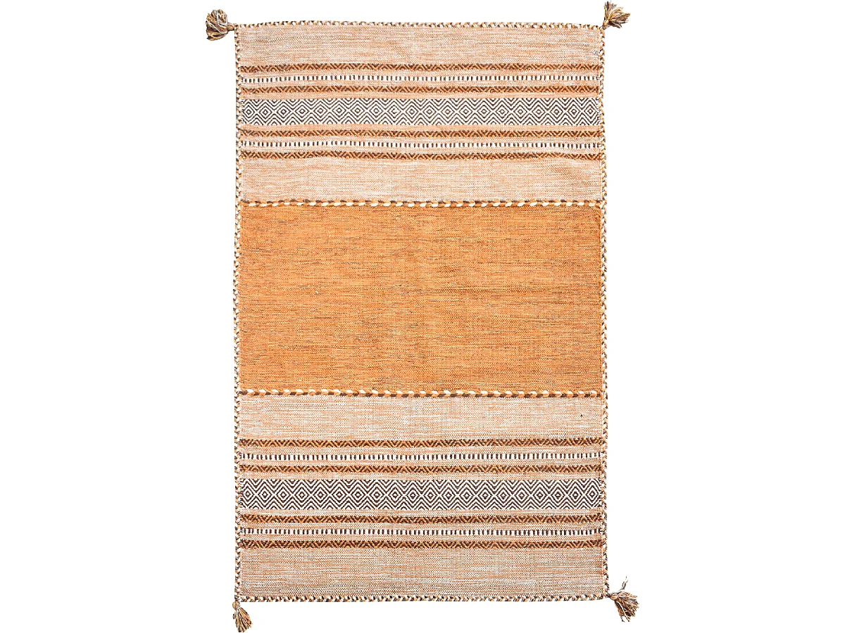 Tapis kilim 80x150 rectangle fait main en coton marron et beige