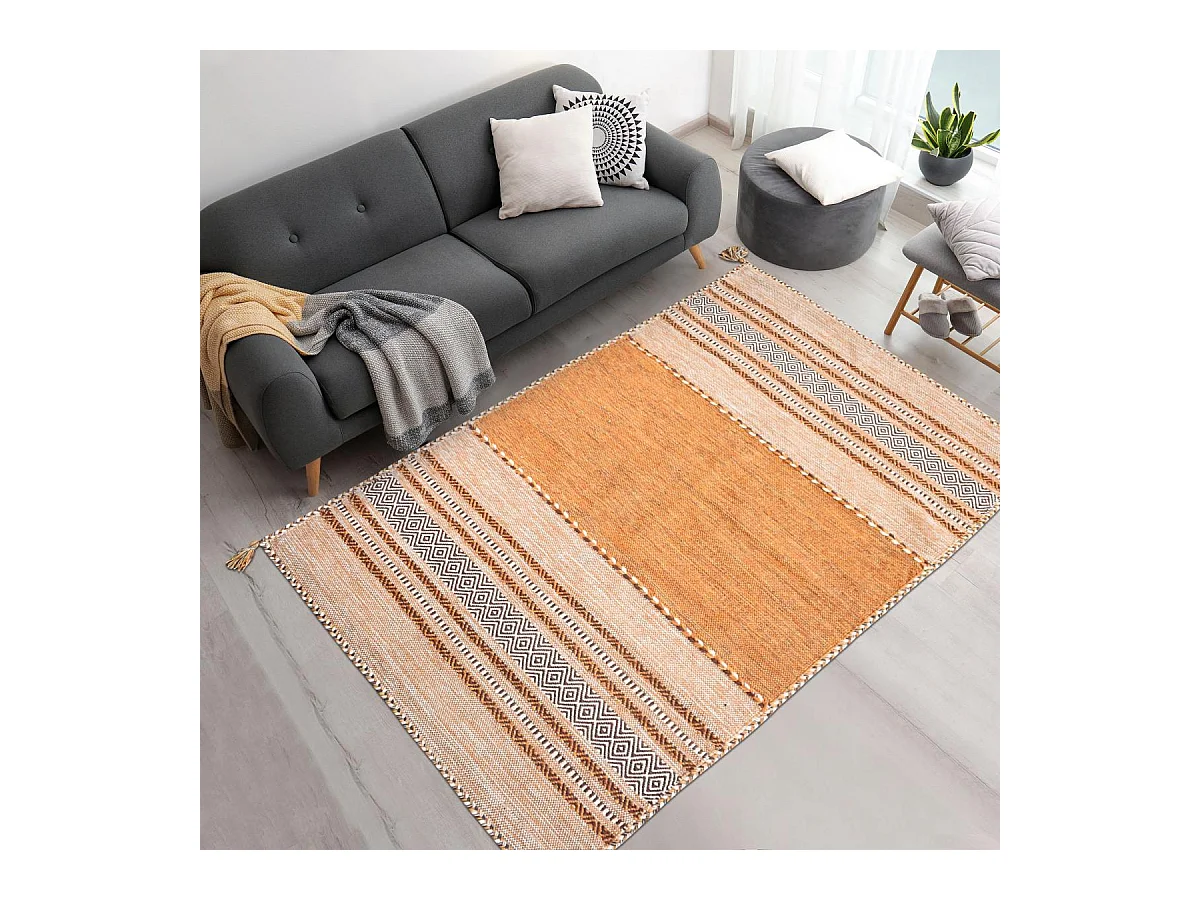 Tapis kilim 80x150 rectangle fait main en coton marron et beige