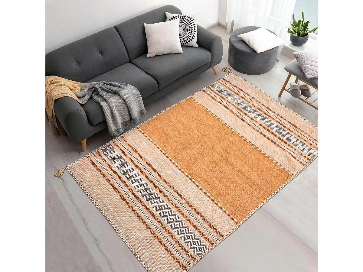Tapis kilim 80x150 rectangle fait main en coton marron et beige