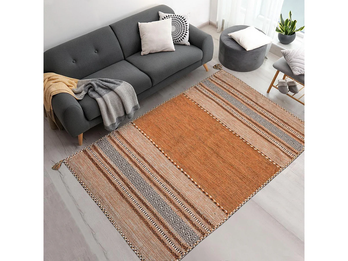 Tapis kilim 80x150 rectangle fait main en coton marron et beige
