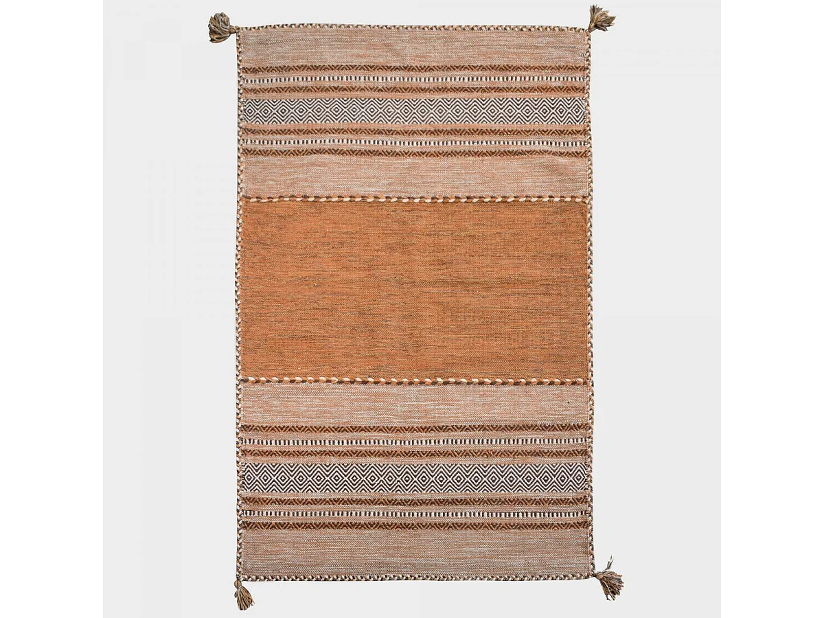 Tapis kilim 80x150 rectangle fait main en coton marron et beige