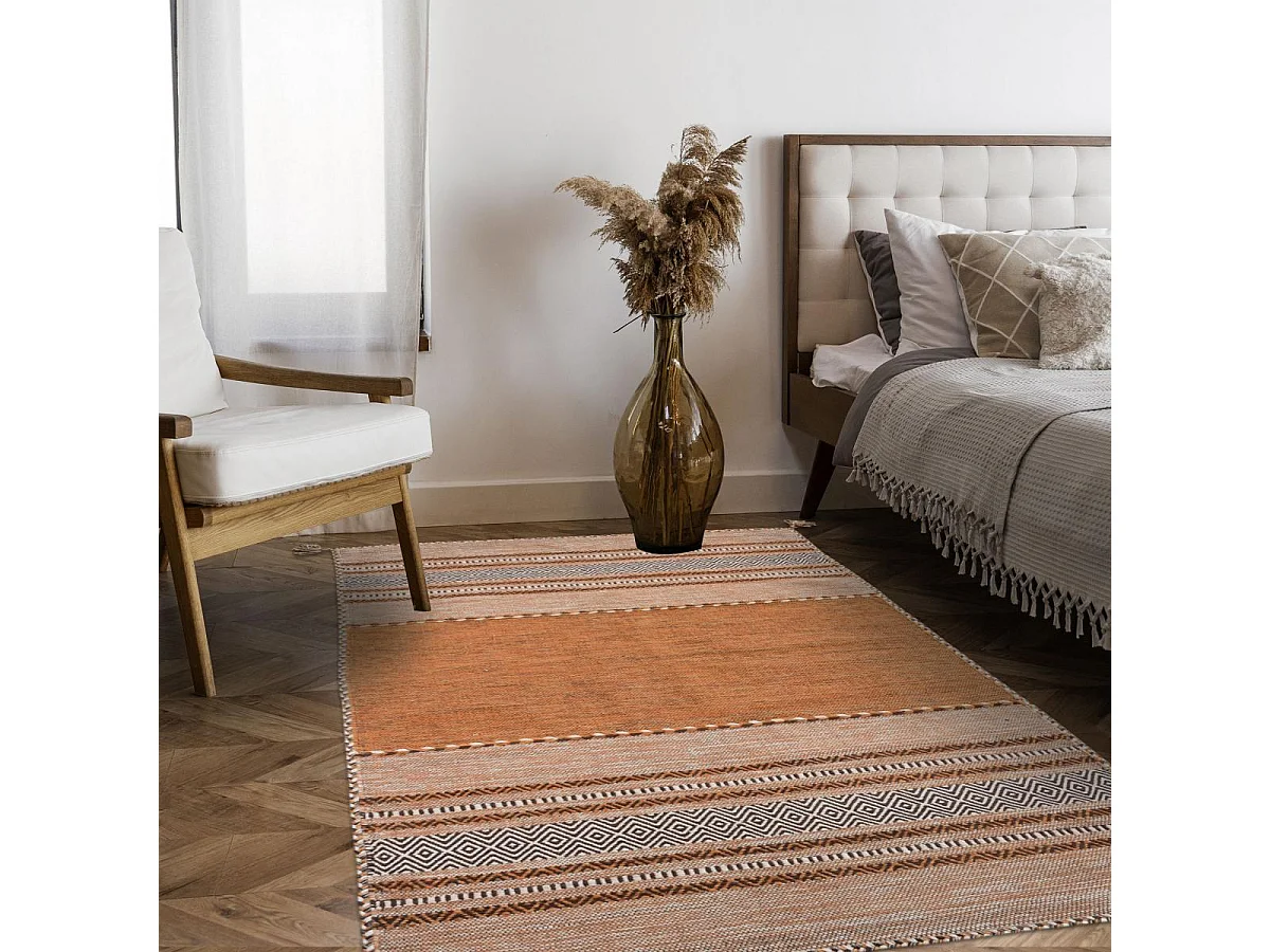 Tapis kilim 80x150 rectangle fait main en coton marron et beige