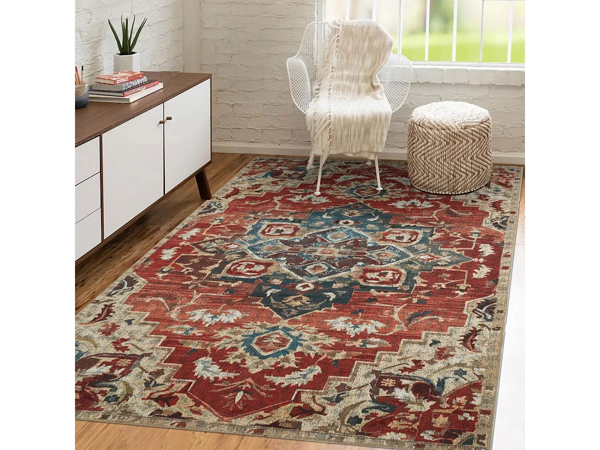 Tapis orient 67x100 rectangle rouge et beige tissé motif classique MEDA B