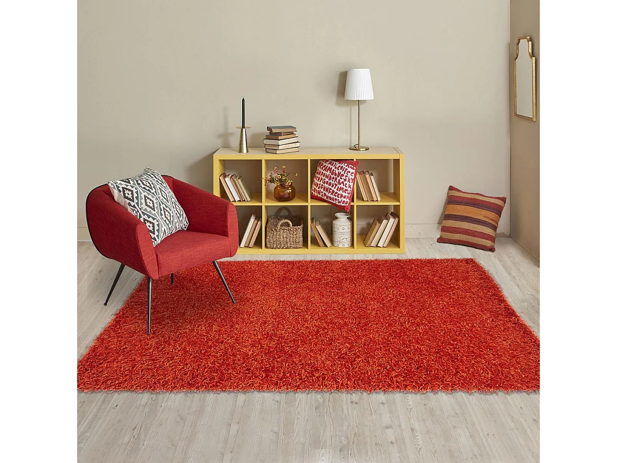 Tapis shaggy 140x200 rectangle fait main rouge et orange motif uni STAROD