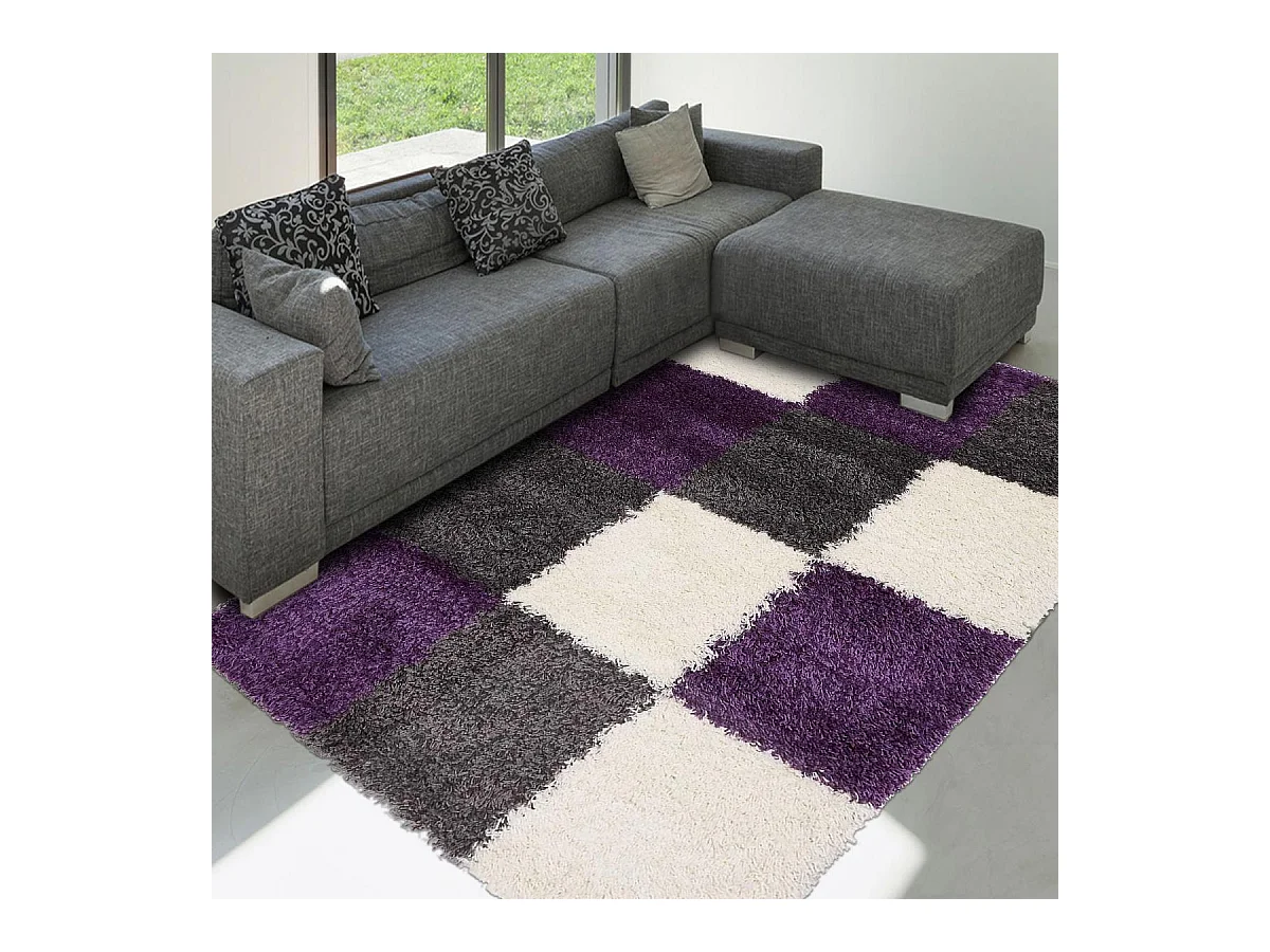 Tapis longs poils shaggy 65x130 rectangle tissé violet motif damier NORLAZ