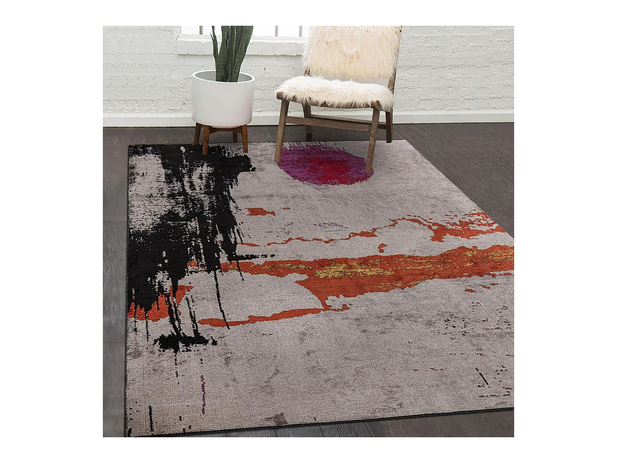 Tapis kilim 240x300 rectangle tissé en coton gris et orange motif abstrait