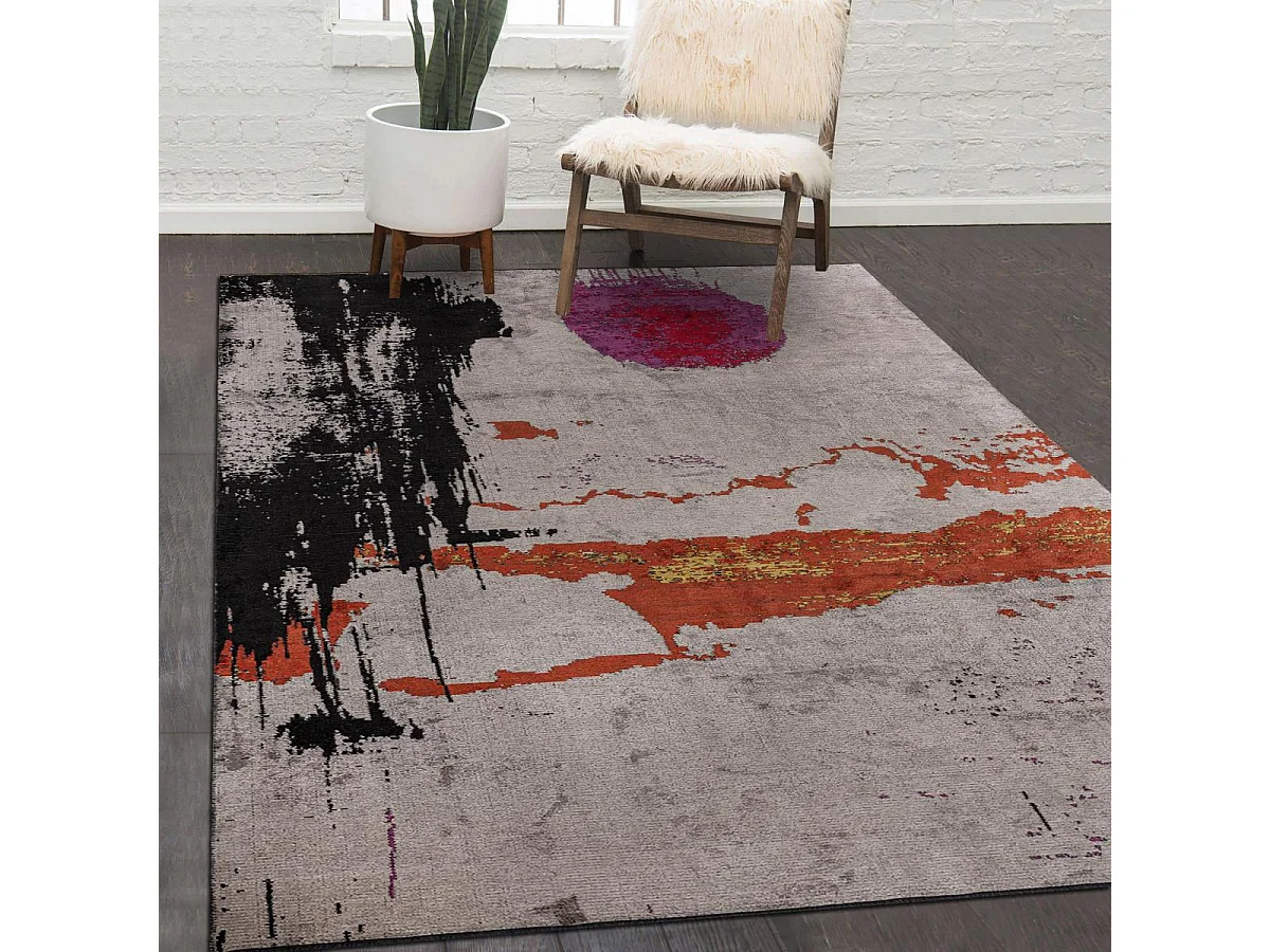 Tapis kilim 240x300 rectangle tissé en coton gris et orange motif abstrait