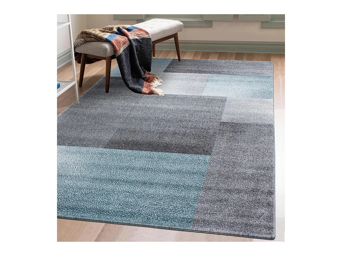 tapis grand salon 160x230 tissé bleu et gris rectangle motif géométrique KARLUK