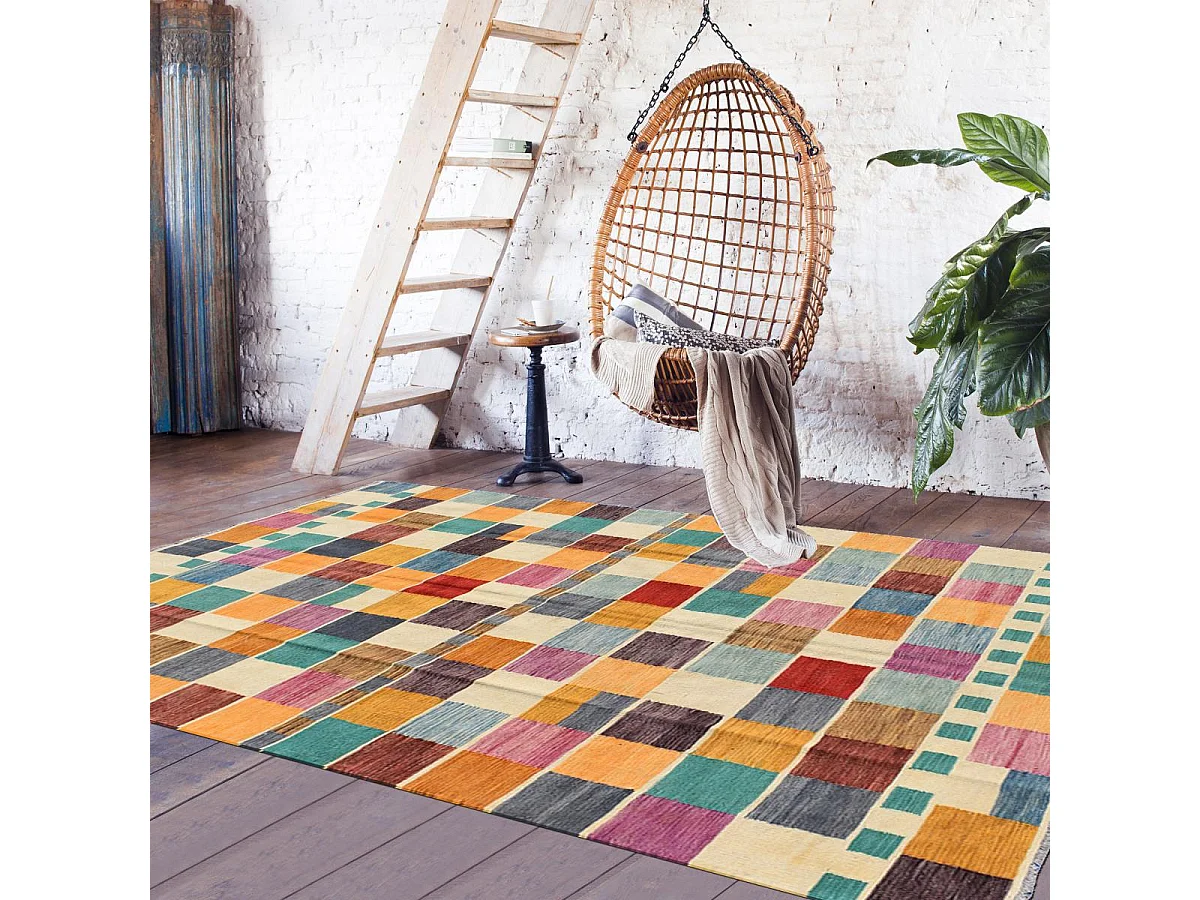 Tapis kilim 208x290 rectangle fait main en laine multicolore motif oriental