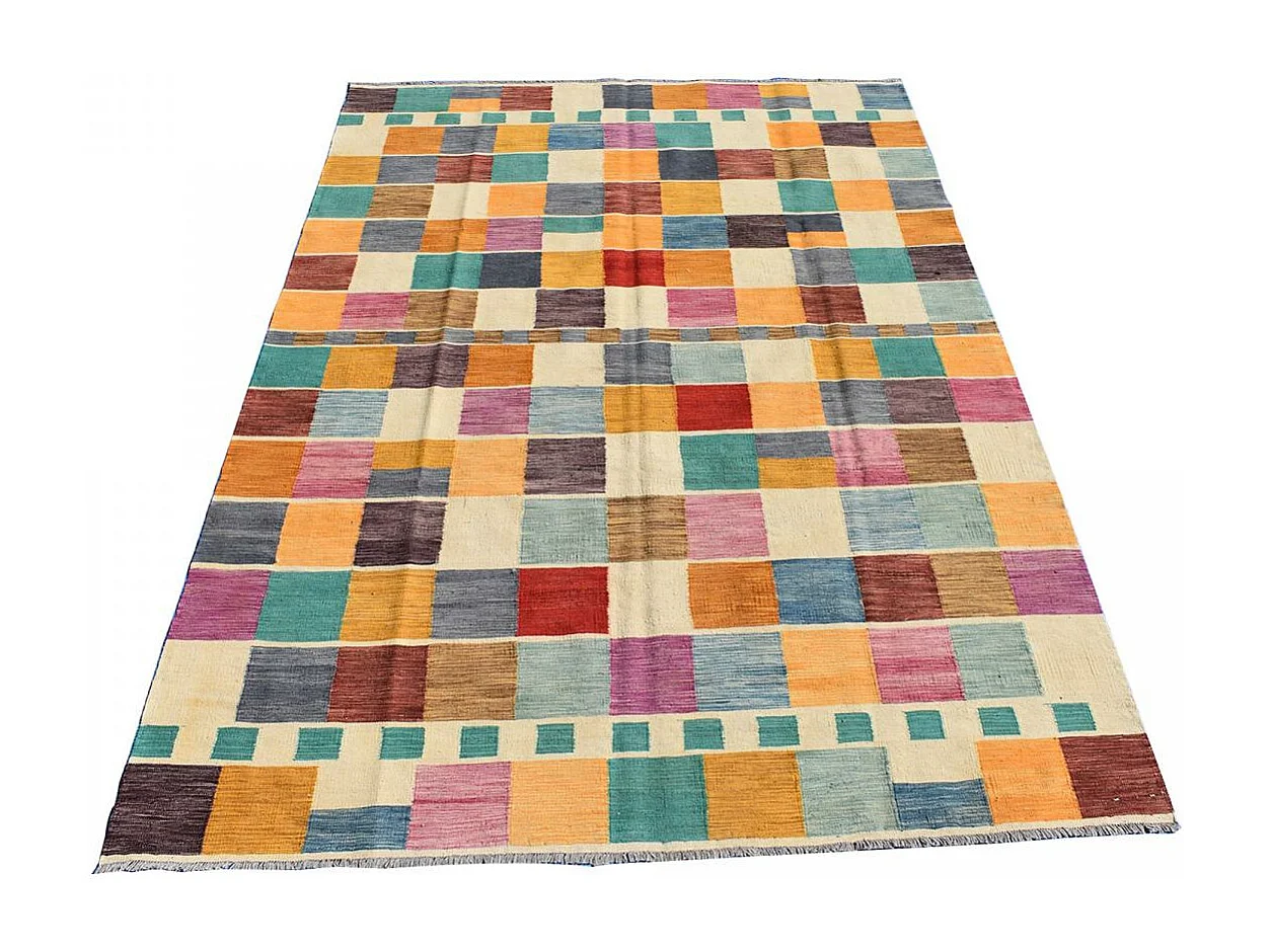 Tapis kilim 208x290 rectangle fait main en laine multicolore motif oriental