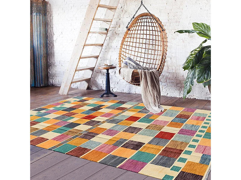 Tapis kilim 208x290 rectangle fait main en laine multicolore motif oriental