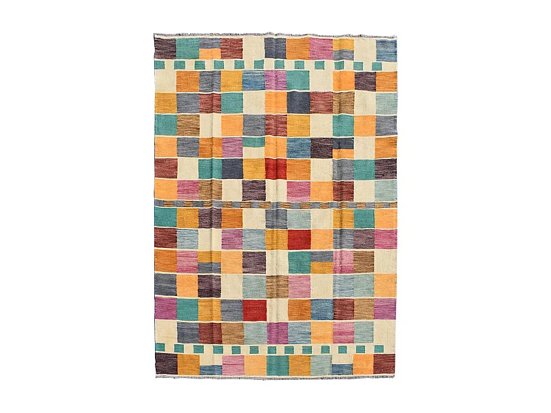 Tapis kilim 208x290 rectangle fait main en laine multicolore motif oriental