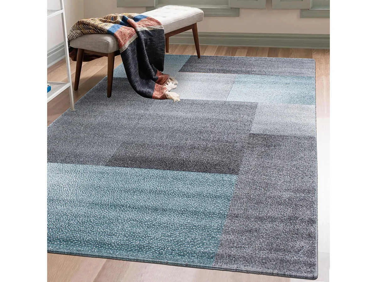 tapis salon 140x200 tissé bleu et gris rectangle motif géométrique KARLUK