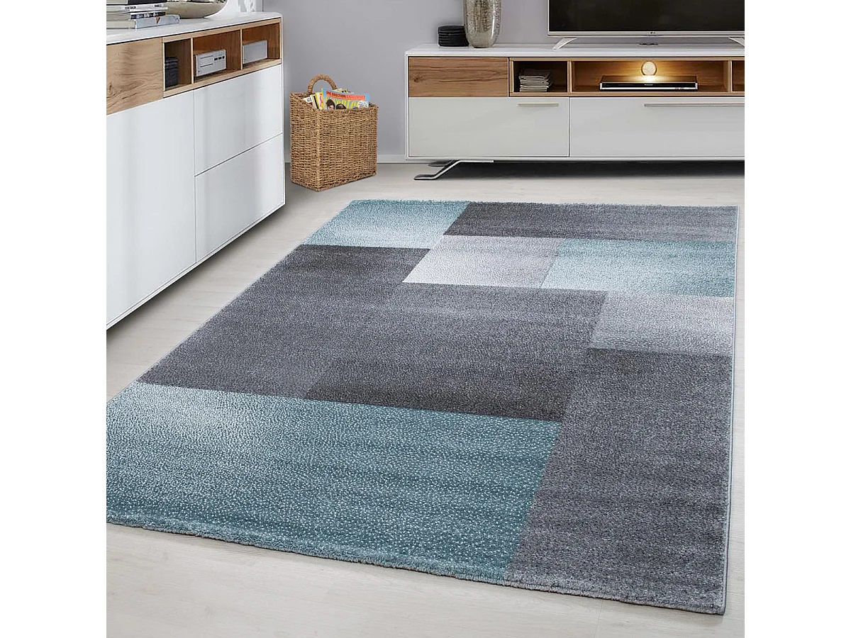 tapis salon 140x200 tissé bleu et gris rectangle motif géométrique KARLUK
