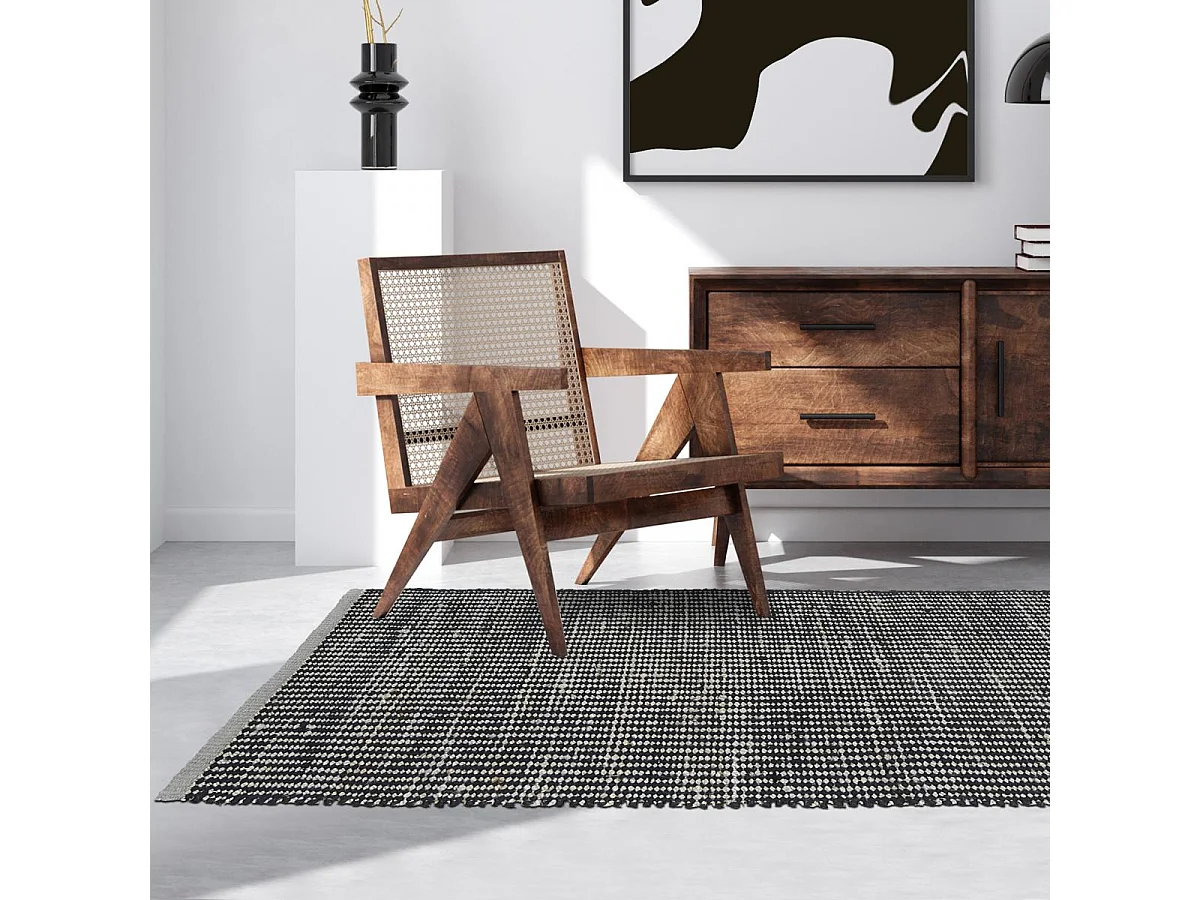 tapis chambre 60x110 fait main en laine noir et gris rectangle motif simple PLANA