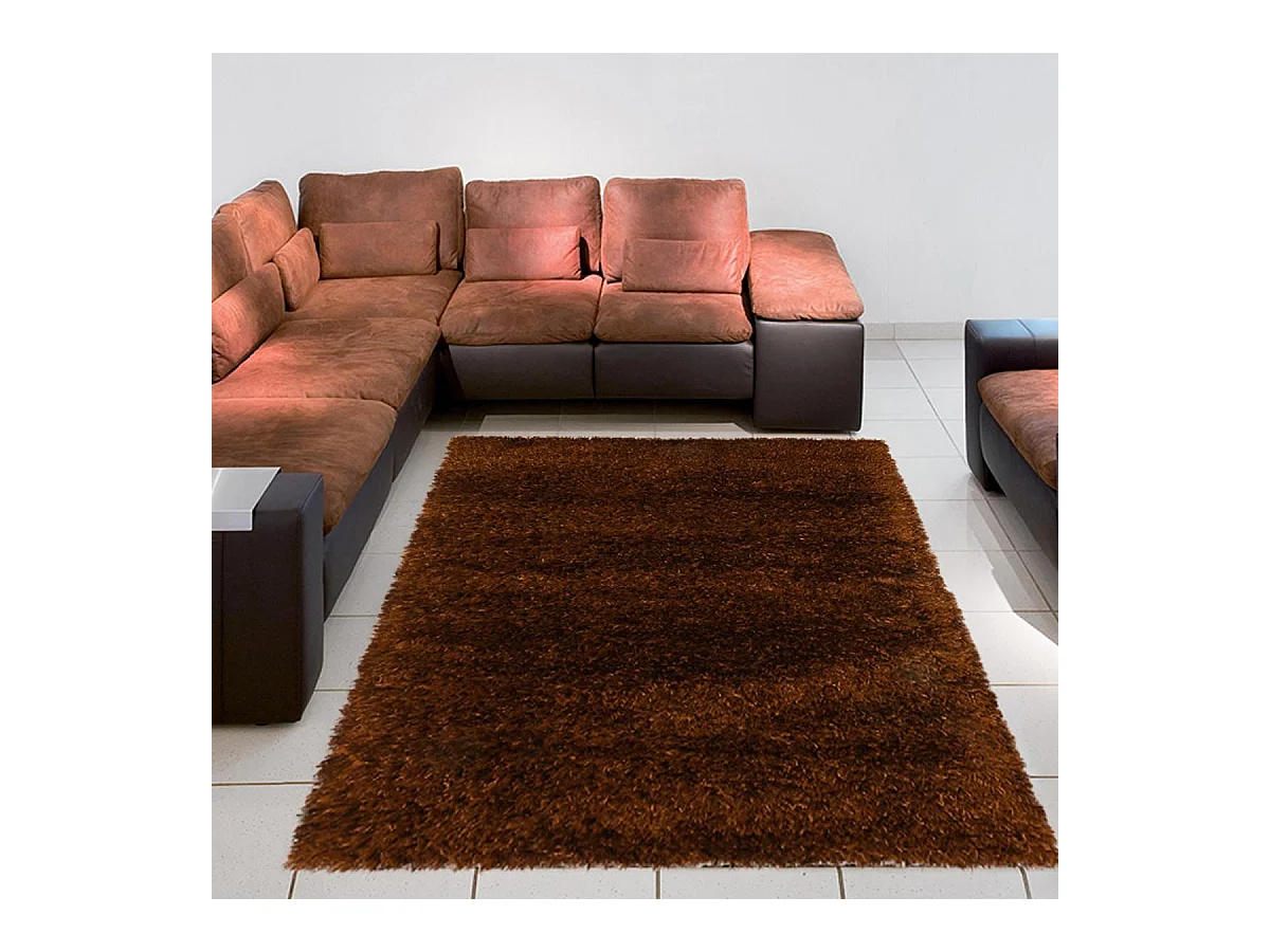 Tapis longs poils shaggy Ø140cm rond fait main marron motif uni MELANGE